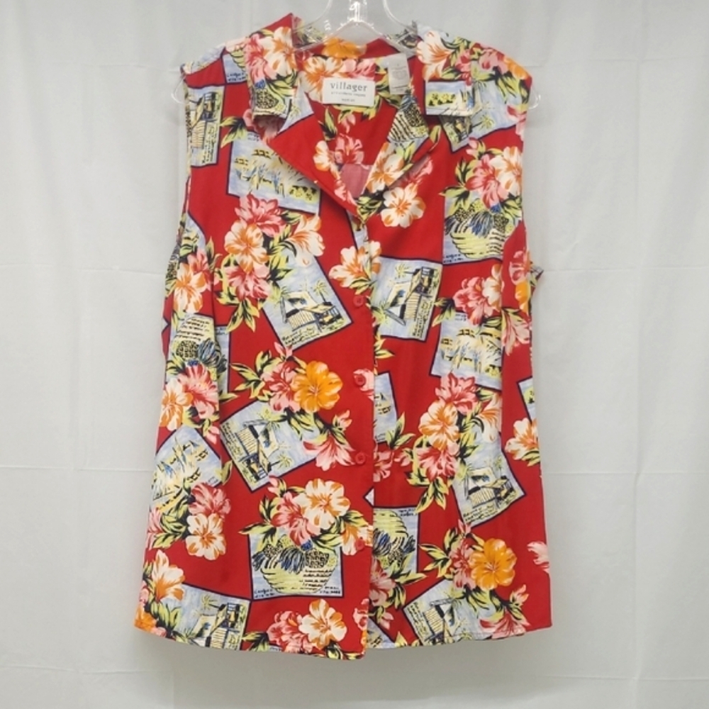 Sleeveless Top Red Button Up Collar Hibiscus Print  Resortwear Villager Sz 2 EUC